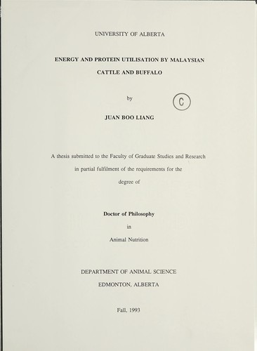 Cover for Energy and protein utilisation by Malaysian cattle and buffalo