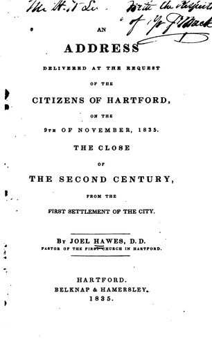 Cover for An address delivered at the request of the citizens of Hartford, on the 9th of November, 1835