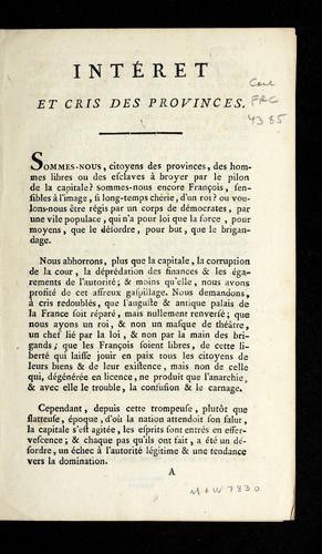 Cover for Inte ret et cris des provinces