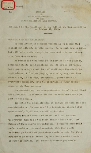 Cover for Message of the governor-general to the fifth Philippine legislature