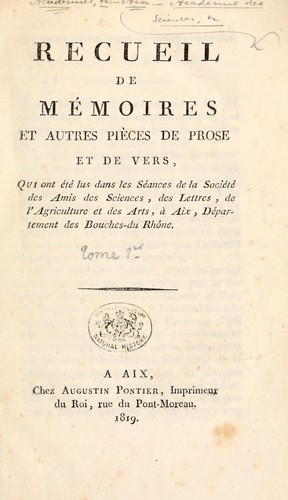 Cover for Memoires de l'Academie des Sciences, Agriculture, Arts et Belles-Lettres (Aix)