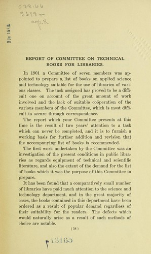 Cover for REPORT OF COMMITTEE ON TECHNICAL BOOKS FOR LIBRARIES
