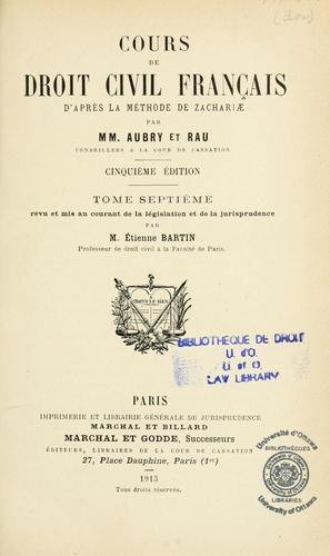 Cover for Cours de droit civil français d'après la méthode de Zachariae