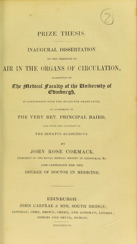 Cover for Inaugural dissertation on the presence of air in the organs of circulation, submitted to the Medical Faculty of the University of Edinburgh, in conformity with the rules for graduation, by authority of the Very Rev. Principal Baird, and with the sanction of the Senatus Academicus