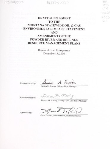 Cover for Draft supplement to the Montana statewide oil and gas environmental impact statement and amendment of the Powder River and Billings resource management plans