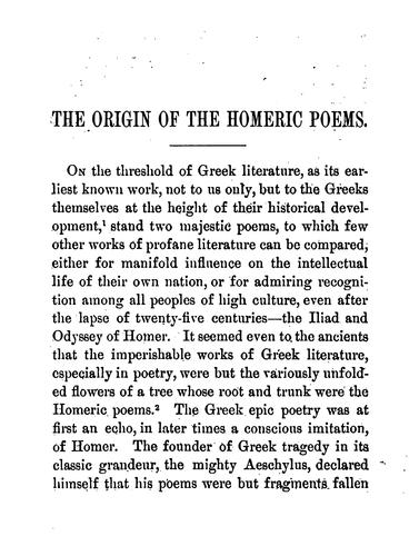 Cover for The origin of the Homeric poems, a lect., tr. by L.R. Packard