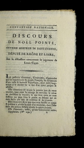 Cover for Discours de Noe l Pointe, ouvrier armurier de Saint-E tienne, de pute  de Rho ne et Loire, sur la discussion concernant le jugement de Louis Capet