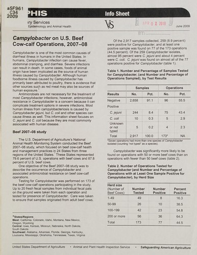 Cover for Campylobacter on U.S. beef cow-calf operations, 2007-08