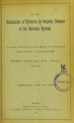 Cover for On the simulation of hysteria by organic disease of the nervous system