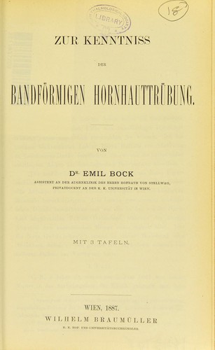 Cover for Zur Kenntniss der bandförmigen Hornhauttrübung