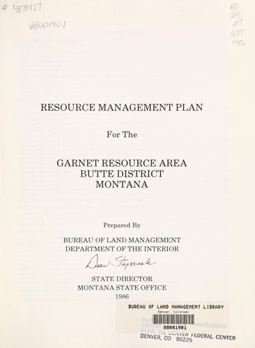 Cover for Resource management plan for the Garnet Resource Area, Butte District, Montana