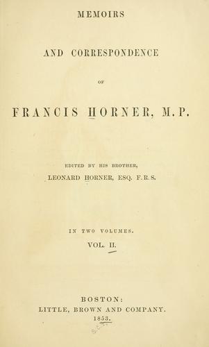 Cover for Memoirs and correspondence of Francis Horner, M.P.