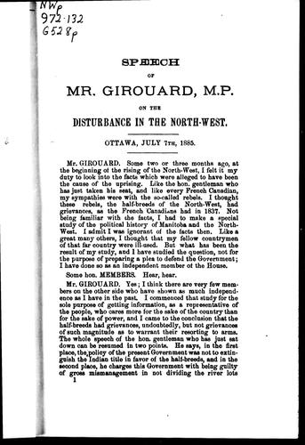 Cover for Speech of Mr. Girouard, M.P., on the disturbance in the North-West, Ottawa, July 7th, 1885