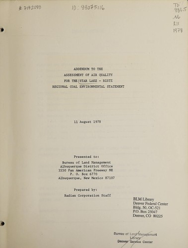 Cover for Addendum to the assessment of air quality for the Star Lake-Bisti regional coal environmental statement