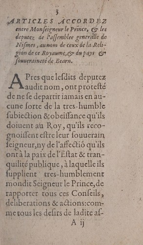 Cover for Articles accordez entre Monseigneur le prince, & les deputez de l'assemblee generalle de Nismes