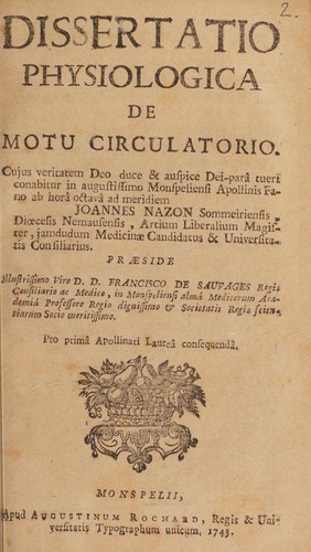 Cover for Dissertatio physiologica de motu circulatorio
