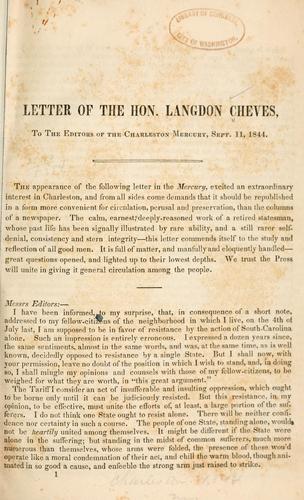 Cover for Letter to the Hon. Langdon Cheves, to the editors of the Charleston Mercury