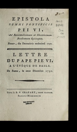 Cover for Epistola summi pontificis Pii VI, ad reverendissimum et illustrissimum Basileensem episcopum