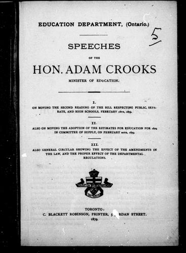 Cover for Speeches of the Hon. Adam Crooks, Minister of Education