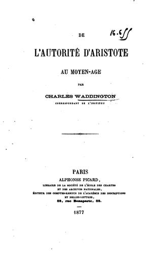 Cover for De l'autorité d'Aristote au moyen-âge