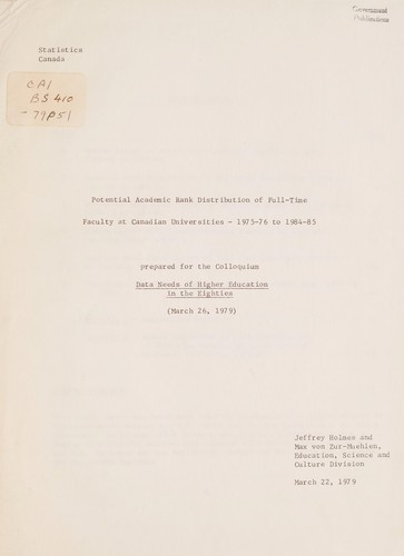 Cover for POTENTIAL ACADEMIC RANK DISTRIBUTION OF FULL-TIME FACULTY AT CANADIAN UNIVERSITIES - 1975-76 TO 1984-85 - PREPARED FOR THE COLLOQUIUM