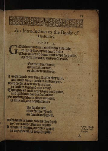 Cover for Five hundred points of good husbandry. As well for the champion or open countrey, as also for the woodland or severall, mixed in every moneth with huswifery, over and besides the Booke of huswifery