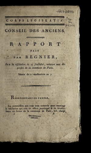 Cover for Rapport fait par Regnier, sur la re solution du 27 fructidor, relative aux de penses de la commune de Paris