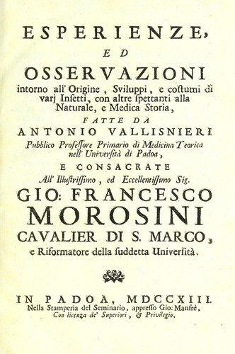 Cover for Esperienze, ed osservazioni intorno all'origine, suiluppi, e costumi di varj insetti