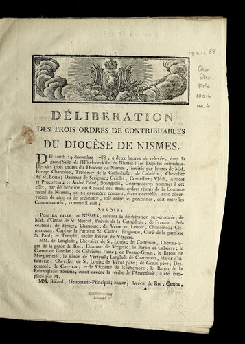Cover for De libe ration des trois ordres de contribuables du dioce  se de Nismes