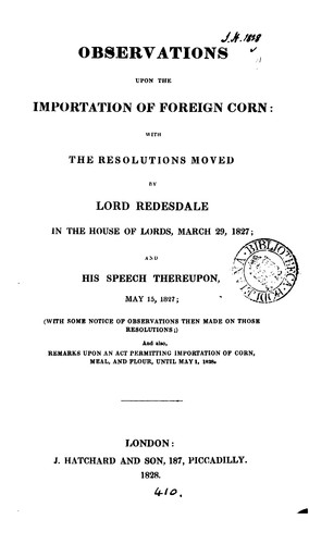 Cover for Observations upon the importation of foreign corn: with the resolutions moved by lord Redesdale ...