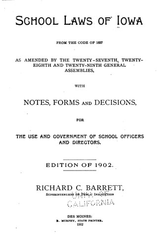 Cover for School laws of Iowa from the code of 1897 as amended by the twenty-seventh ...