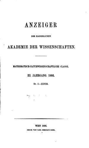 Cover for Anzeiger Der Kaiserlichen Akademie Der Wissenschaften, Mathematisch-Naturwissenschaftliche Classe