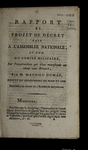 Cover for Rapport et projet de de cret fait a   l'Assemble e nationale, au nom du Comite  militaire
