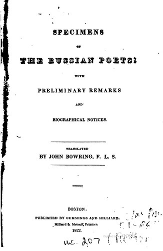 Cover for Specimens of the Russian Poets: With Preliminary Remarks and Biographical ...