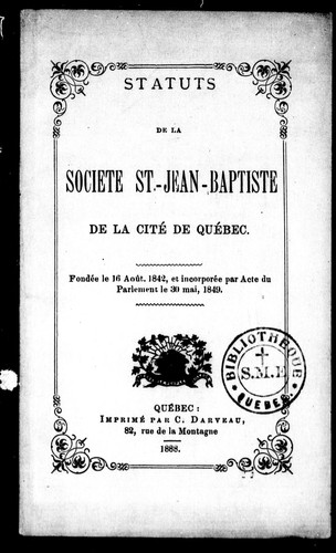 Cover for Statuts de la Société St-Jean-Baptiste de la cité de Québec