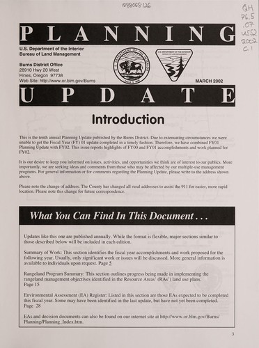 Cover for Planning update for the Burns District