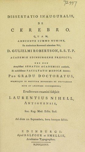 Cover for Dissertatio inauguralis, de cerebro ...