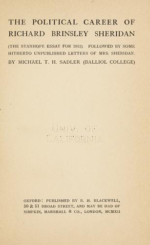 Cover for The political career of Richard Brinsley Sheridan
