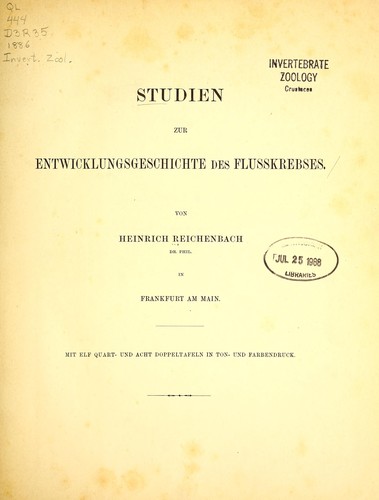 Cover for Studien zur Entwicklungsgeschichte des Flusskrebses