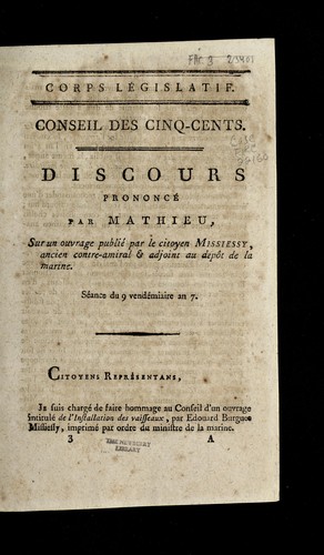 Cover for Discours prononce  par Mathieu, sur un ouvrage publie  par le citoyen Missiessy, ancien contre-amiral & adjoint au de po t de la marine