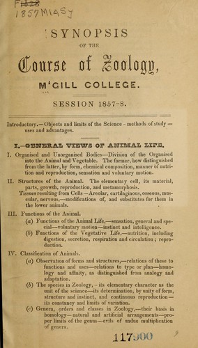 Cover for Synopsis of the course of zoology.  Session 1857-8