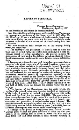 Cover for Report of the Federal Trade Commission on Combed Cotton Yarns: April 14, 1921