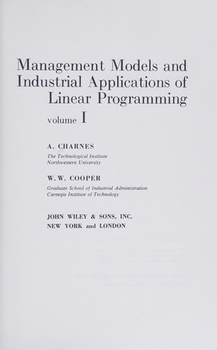Cover for Management models and industrial applications of linear programming