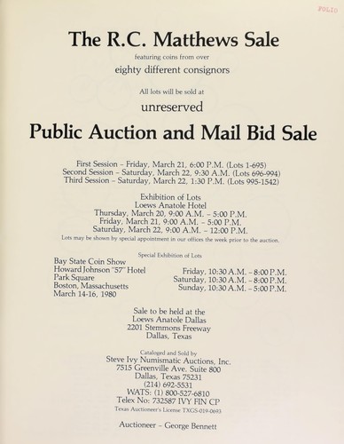 Cover for The R.C. Matthews sale, featuring coins from over eighty different consignors ...
