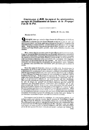 Cover for Circulaire à MM. les curés et les missionnaires au sujet de l'établissement de l'Oeuvre de la propagation de la foi