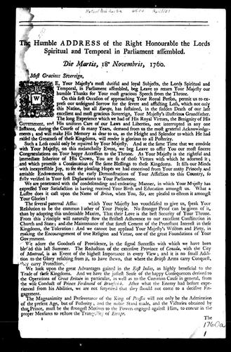 Cover for The Humble address of the Right Honourable the lords spiritual and temporal in Parliament assembled
