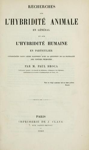 Cover for Recherches sur l'hybridité animale en général