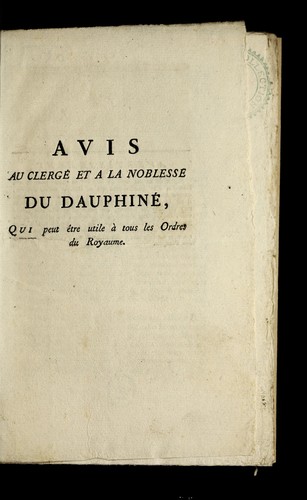 Cover for Avis au clerge  et a la noblesse du Dauphine