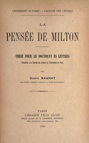 Cover for La pensée de Milton ...