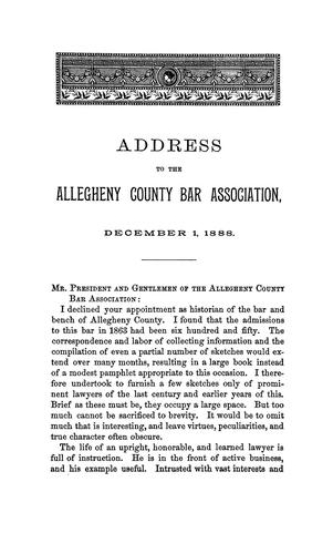 Cover for Address delivered before the Allegheny County Bar Association, December 1, 1888